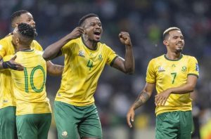 Caption; Bafana Bafana celebrating victory against Rwanda